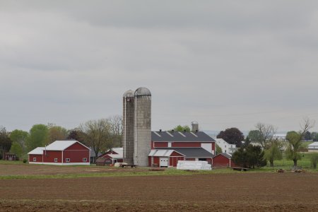Typische rode boerderijen met hun maisch silo&#039;s